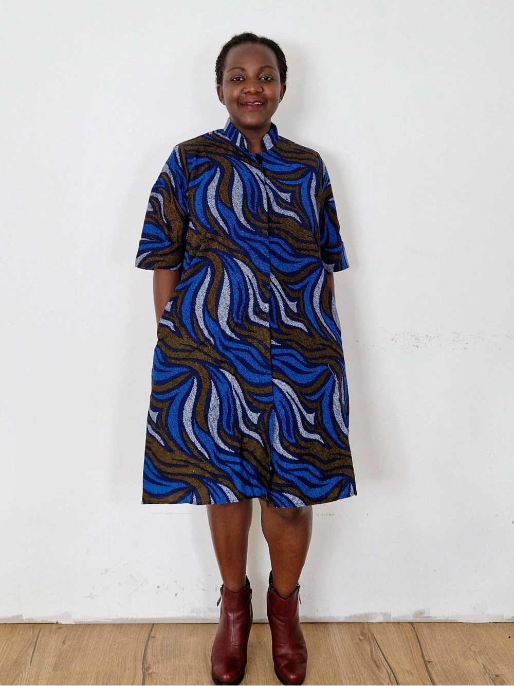 Zuri 3/4 Sleeve Kenya Kitenge Dress Blue Gold XS